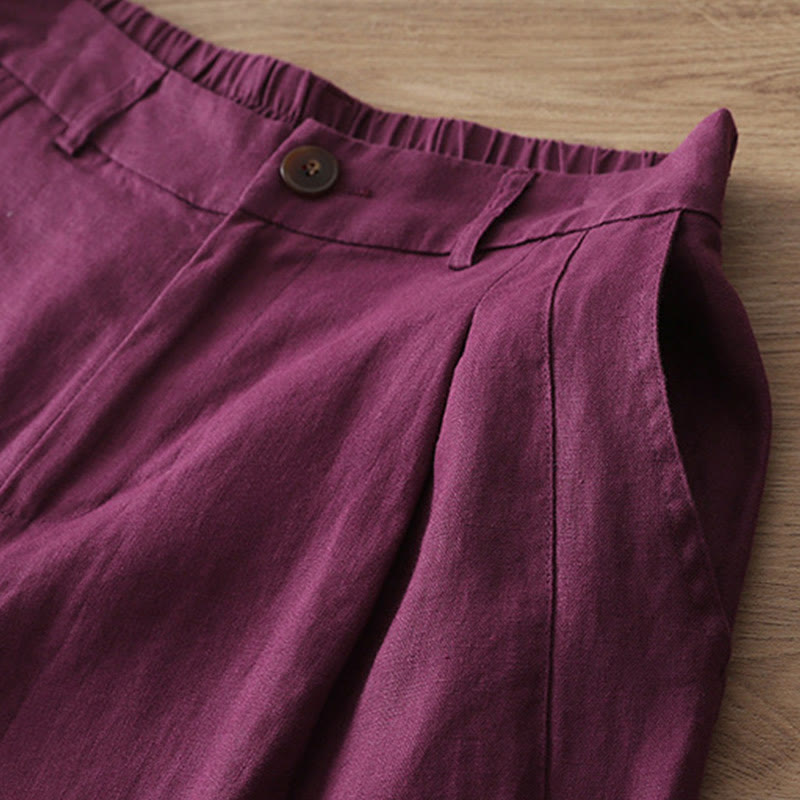 Casual Retro Plain Women's Cotton Wide Leg Pants With Pockets Zipper