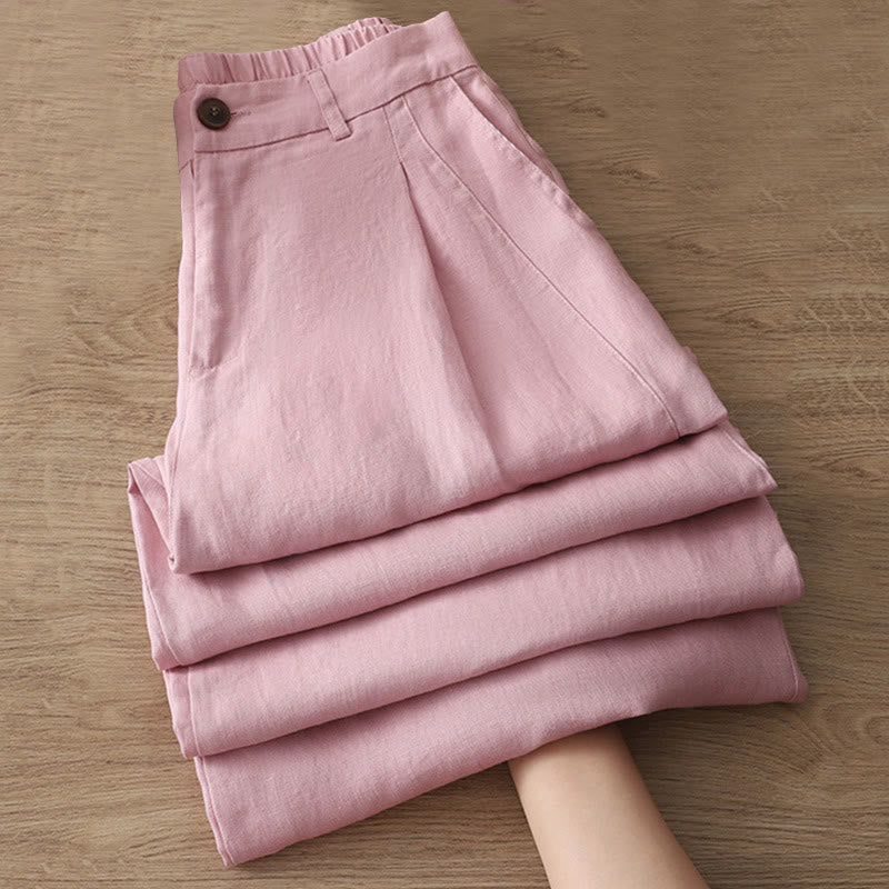 Casual Retro Plain Women's Cotton Wide Leg Pants With Pockets Zipper