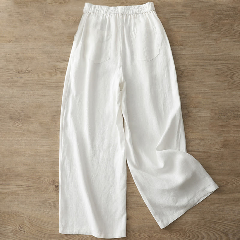 Casual Retro Plain Women's Cotton Wide Leg Pants With Pockets Zipper