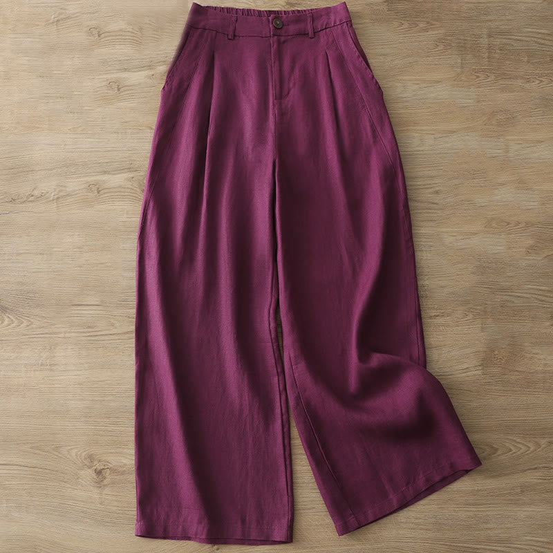 Casual Retro Plain Women's Cotton Wide Leg Pants With Pockets Zipper