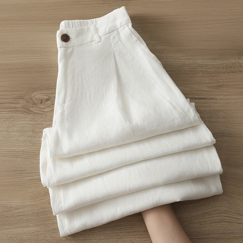 Casual Retro Plain Women's Cotton Wide Leg Pants With Pockets Zipper