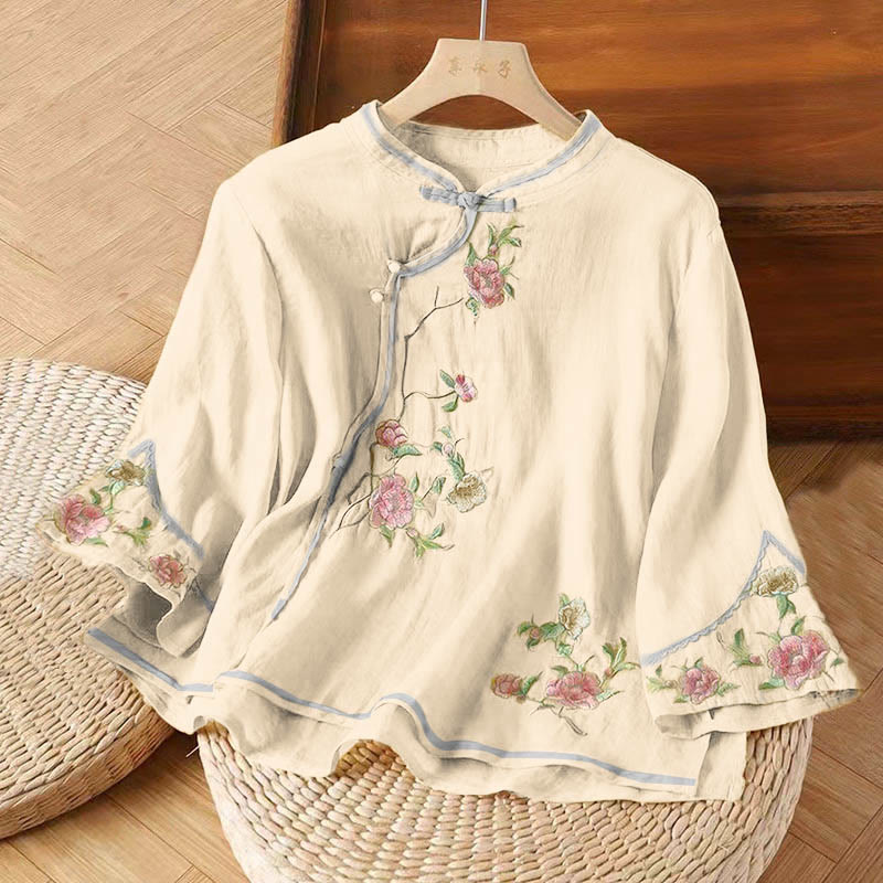 Embroidered Cotton Linen Frog Button Mindful Shirt