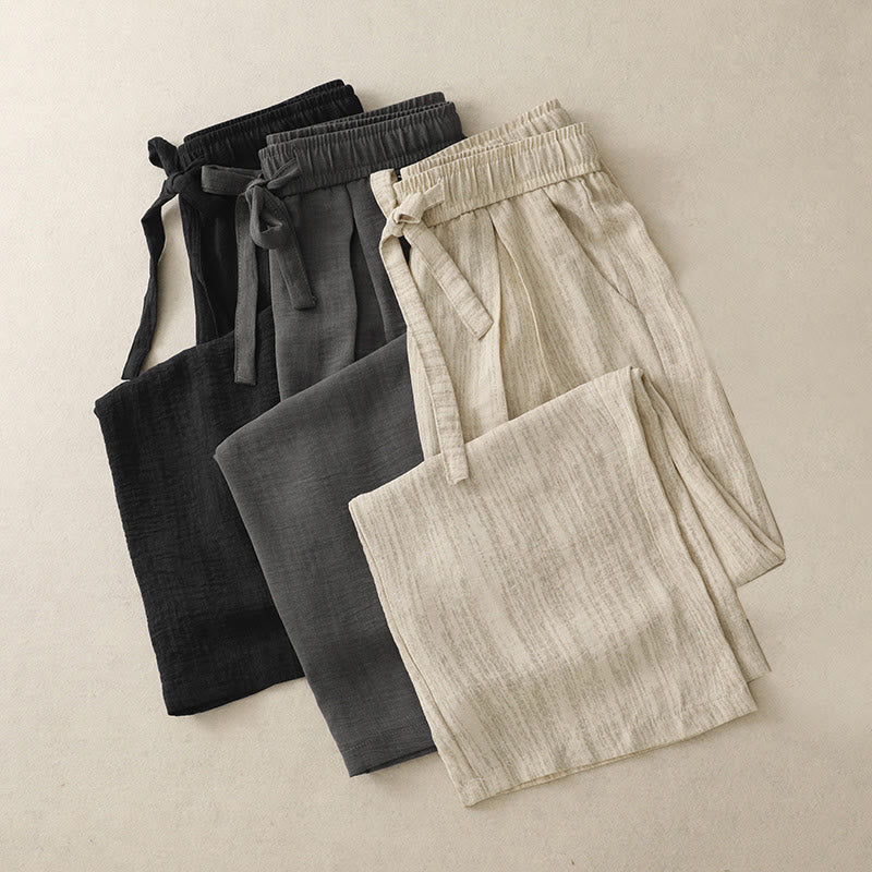 Textured Cotton Ankle-Length Wide-Leg Meditation Pants