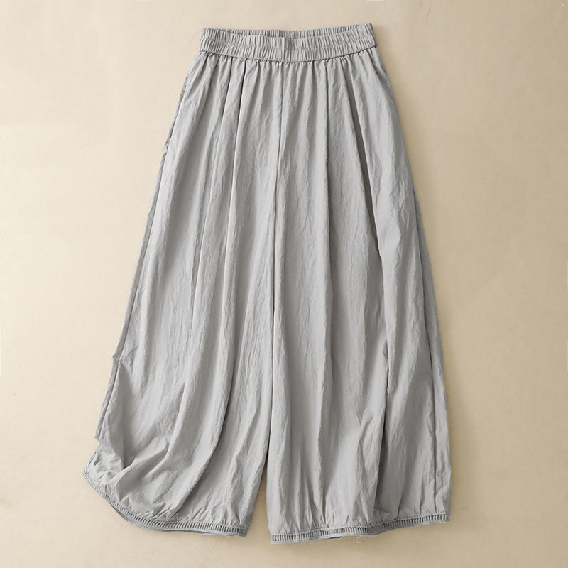 Casual Hem Hollow Design Women's Cotton 7-8 Length Wide Leg Pants With Pockets