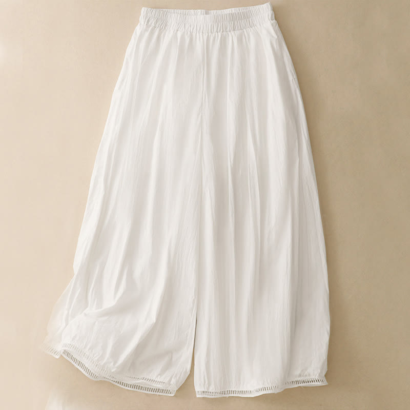 Casual Hem Hollow Design Women's Cotton 7-8 Length Wide Leg Pants With Pockets