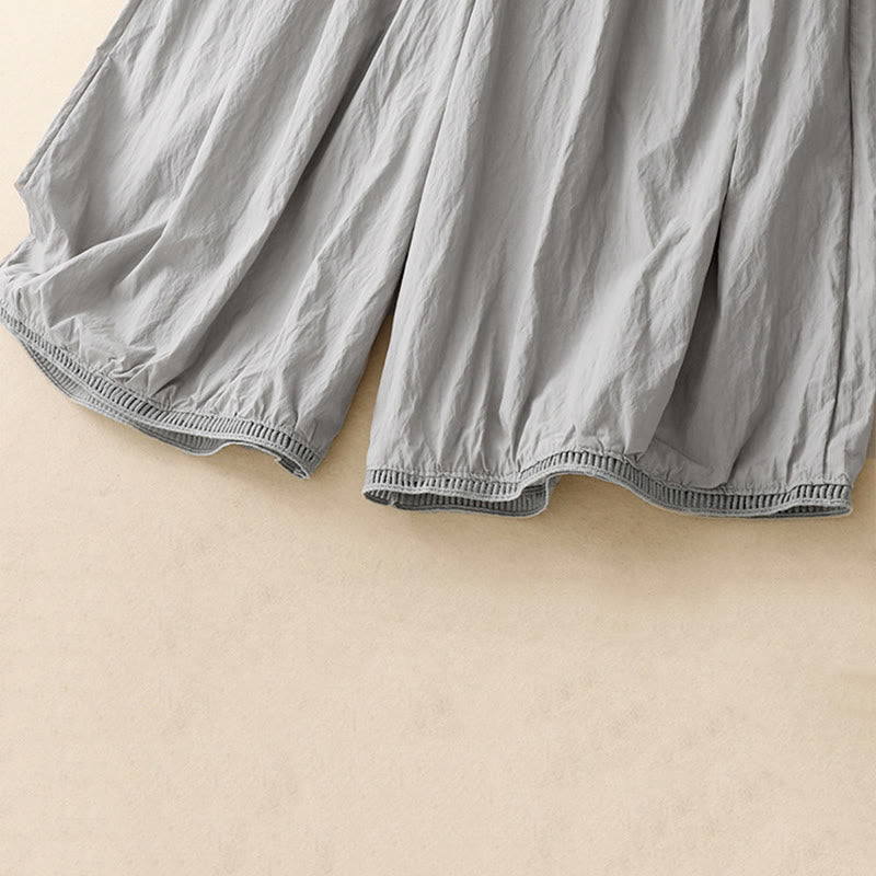 Casual Hem Hollow Design Women's Cotton 7-8 Length Wide Leg Pants With Pockets