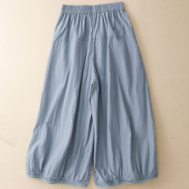 Casual Hem Hollow Design Women's Cotton 7-8 Length Wide Leg Pants With Pockets