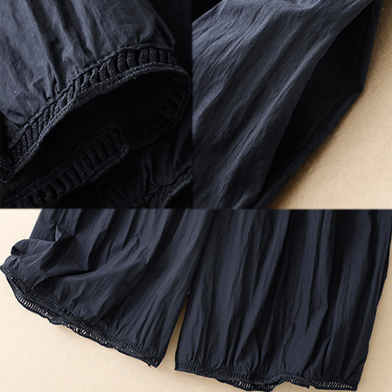 Casual Hem Hollow Design Women's Cotton 7-8 Length Wide Leg Pants With Pockets