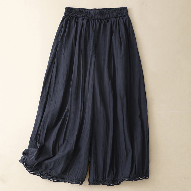 Casual Hem Hollow Design Women's Cotton 7-8 Length Wide Leg Pants With Pockets