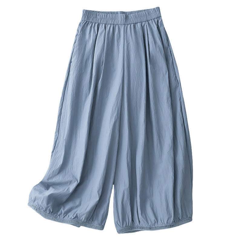 Casual Hem Hollow Design Women's Cotton 7-8 Length Wide Leg Pants With Pockets