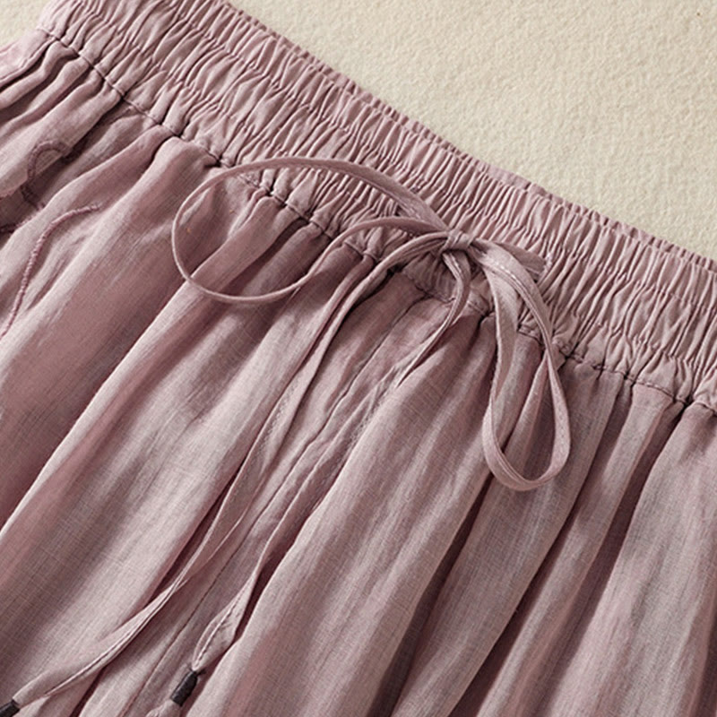 Commute Embroidery Drawstring Women's Cotton Wide Leg Pants With Pockets