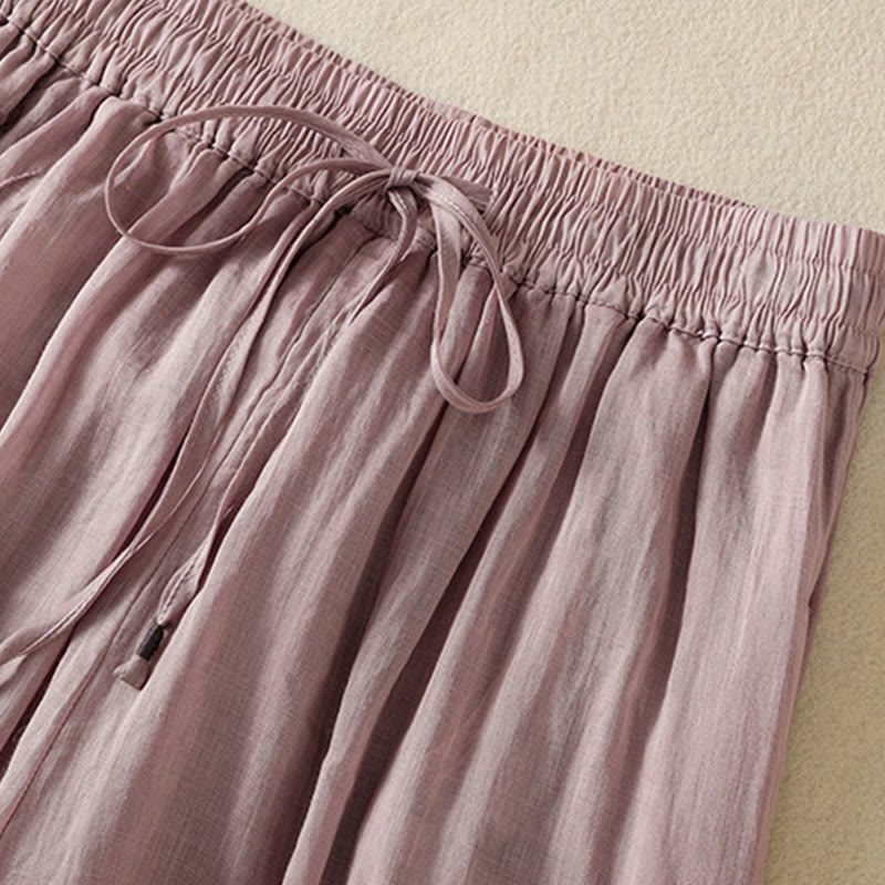 Commute Embroidery Drawstring Women's Cotton Wide Leg Pants With Pockets