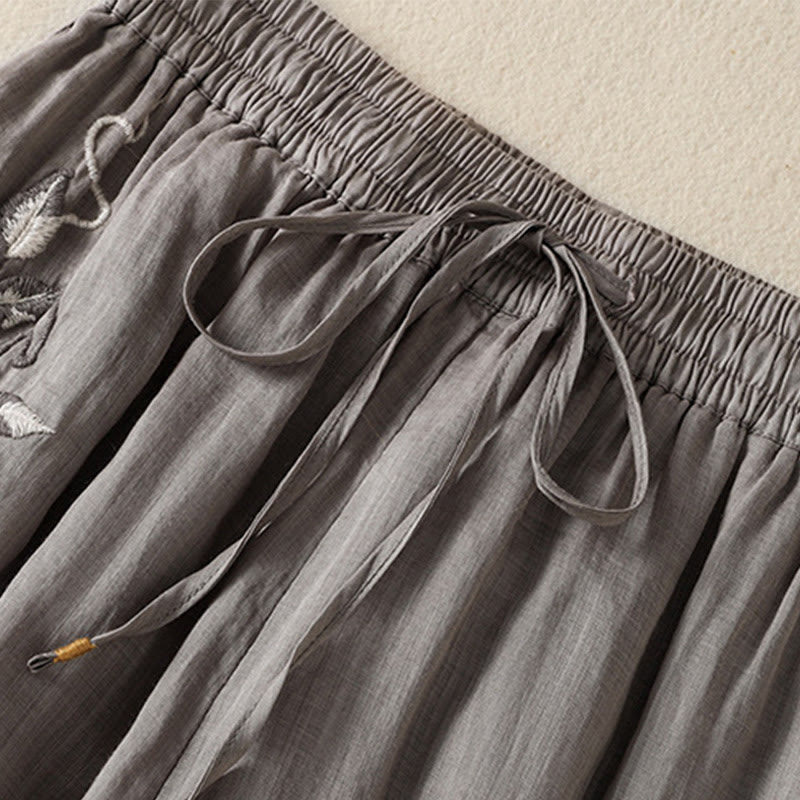 Commute Embroidery Drawstring Women's Cotton Wide Leg Pants With Pockets