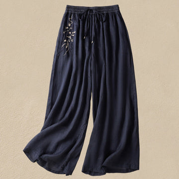 Commute Embroidery Drawstring Women's Cotton Wide Leg Pants With Pockets