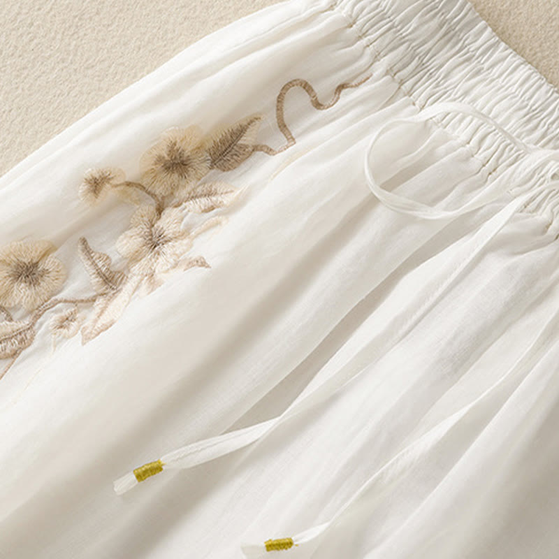 Commute Embroidery Drawstring Women's Cotton Wide Leg Pants With Pockets