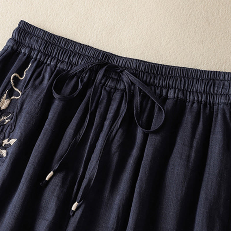 Commute Embroidery Drawstring Women's Cotton Wide Leg Pants With Pockets