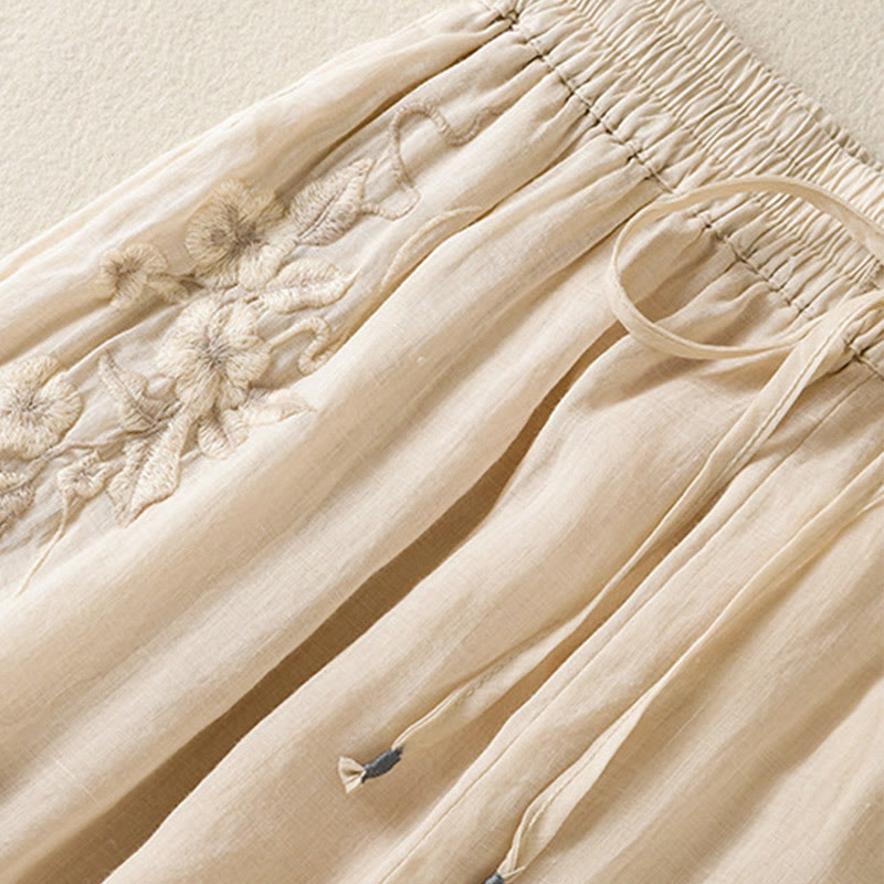 Commute Embroidery Drawstring Women's Cotton Wide Leg Pants With Pockets