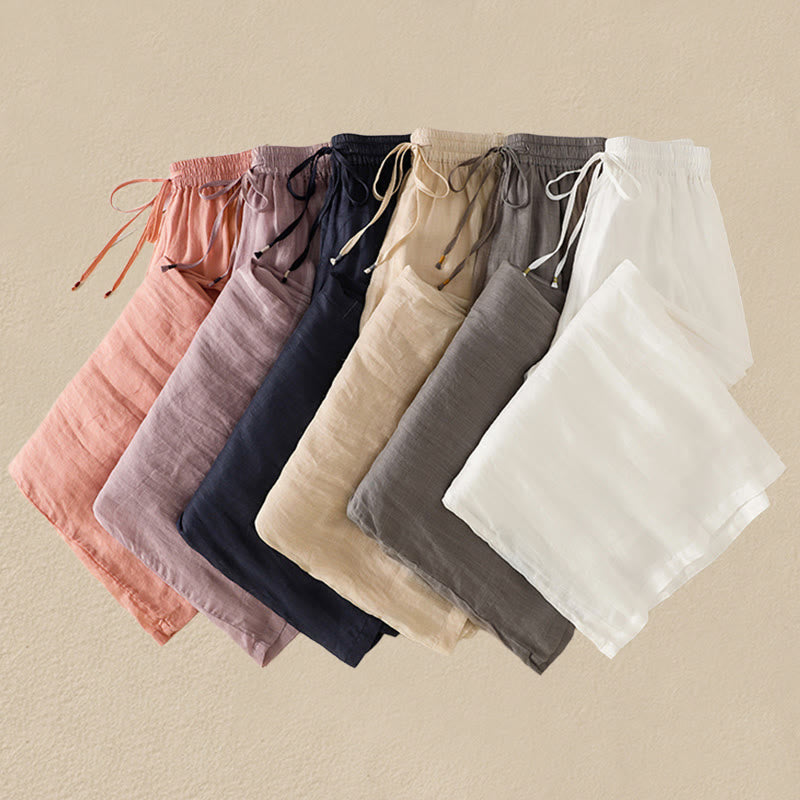 Commute Embroidery Drawstring Women's Cotton Wide Leg Pants With Pockets