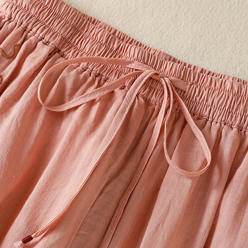 Commute Embroidery Drawstring Women's Cotton Wide Leg Pants With Pockets