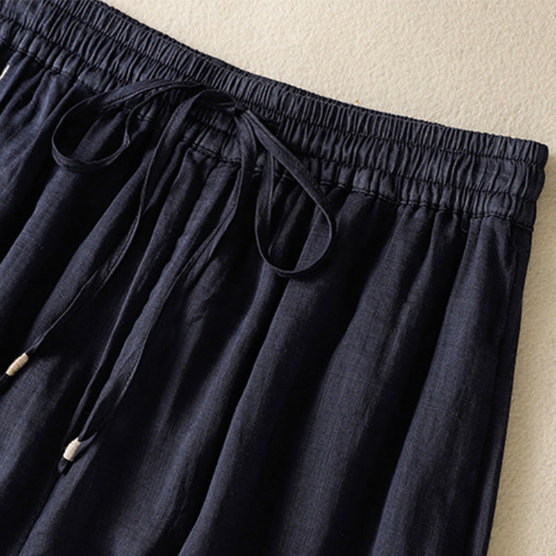 Commute Embroidery Drawstring Women's Cotton Wide Leg Pants With Pockets