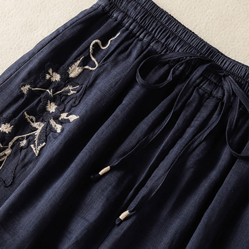 Commute Embroidery Drawstring Women's Cotton Wide Leg Pants With Pockets