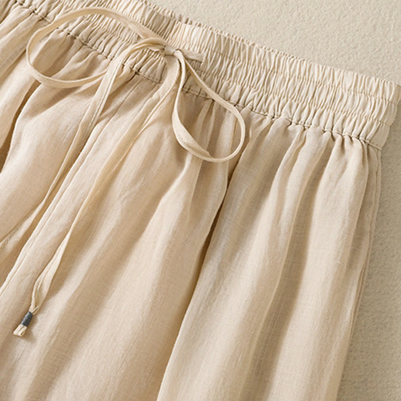 Commute Embroidery Drawstring Women's Cotton Wide Leg Pants With Pockets