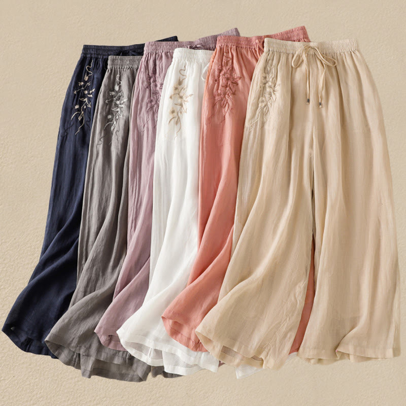 Commute Embroidery Drawstring Women's Cotton Wide Leg Pants With Pockets