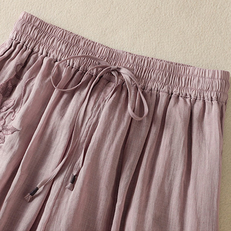 Commute Embroidery Drawstring Women's Cotton Wide Leg Pants With Pockets