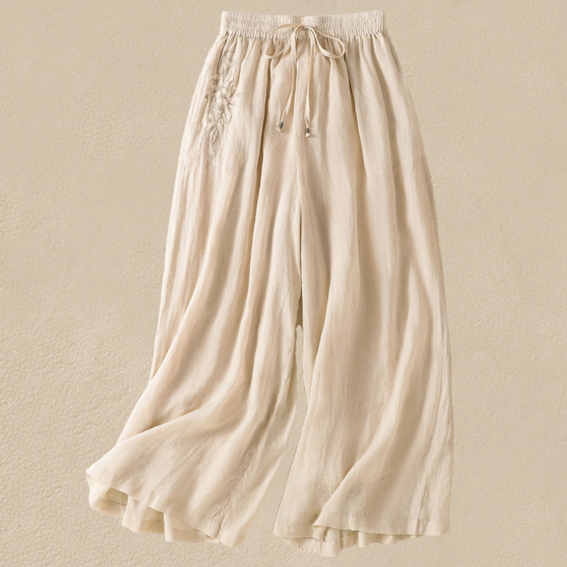 Commute Embroidery Drawstring Women's Cotton Wide Leg Pants With Pockets