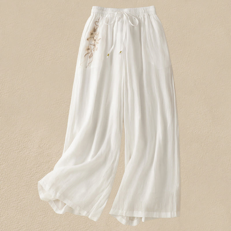 Commute Embroidery Drawstring Women's Cotton Wide Leg Pants With Pockets