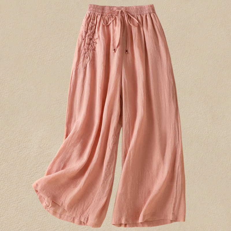 Commute Embroidery Drawstring Women's Cotton Wide Leg Pants With Pockets