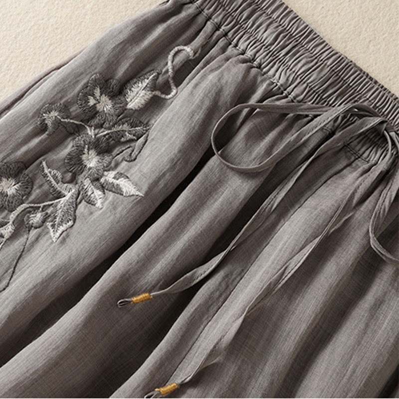 Commute Embroidery Drawstring Women's Cotton Wide Leg Pants With Pockets