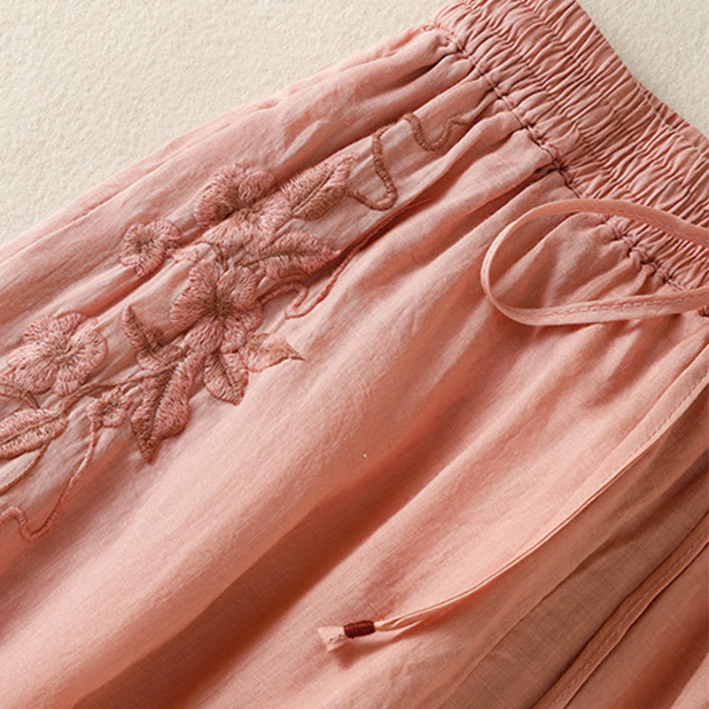 Commute Embroidery Drawstring Women's Cotton Wide Leg Pants With Pockets