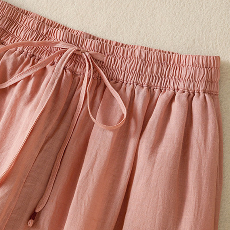 Commute Embroidery Drawstring Women's Cotton Wide Leg Pants With Pockets