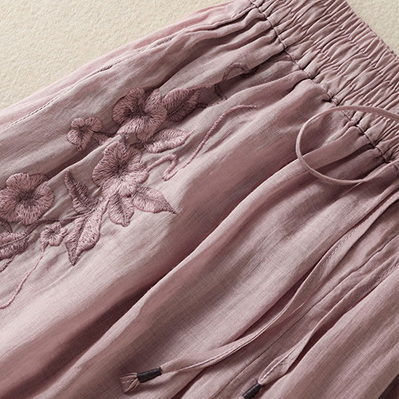 Commute Embroidery Drawstring Women's Cotton Wide Leg Pants With Pockets