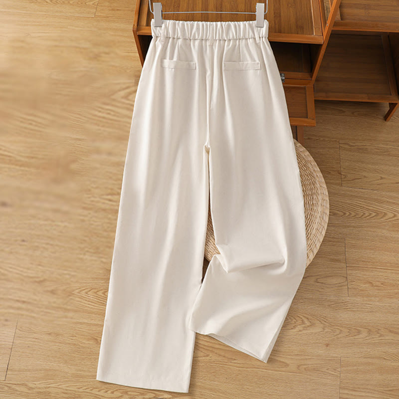 Casual Hollow Lace Waistband Design Women's Cotton Linen Wide Leg Pants With Pockets