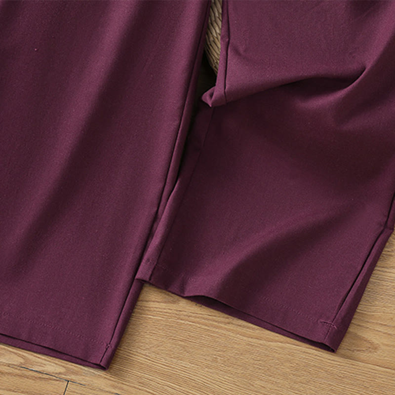 Casual Hollow Lace Waistband Design Women's Cotton Linen Wide Leg Pants With Pockets