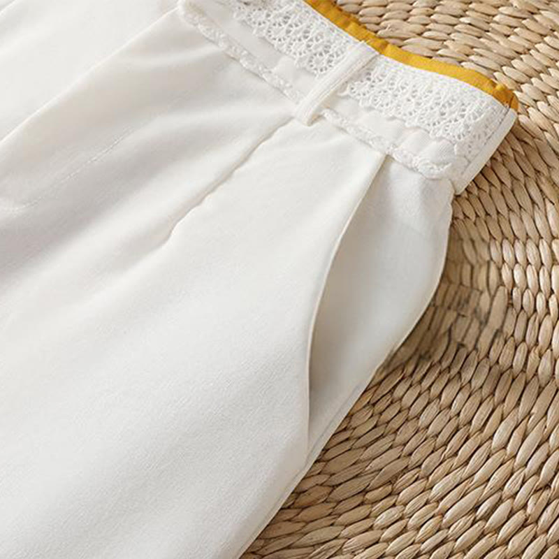 Casual Hollow Lace Waistband Design Women's Cotton Linen Wide Leg Pants With Pockets