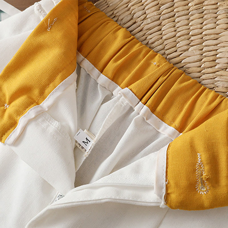 Casual Hollow Lace Waistband Design Women's Cotton Linen Wide Leg Pants With Pockets