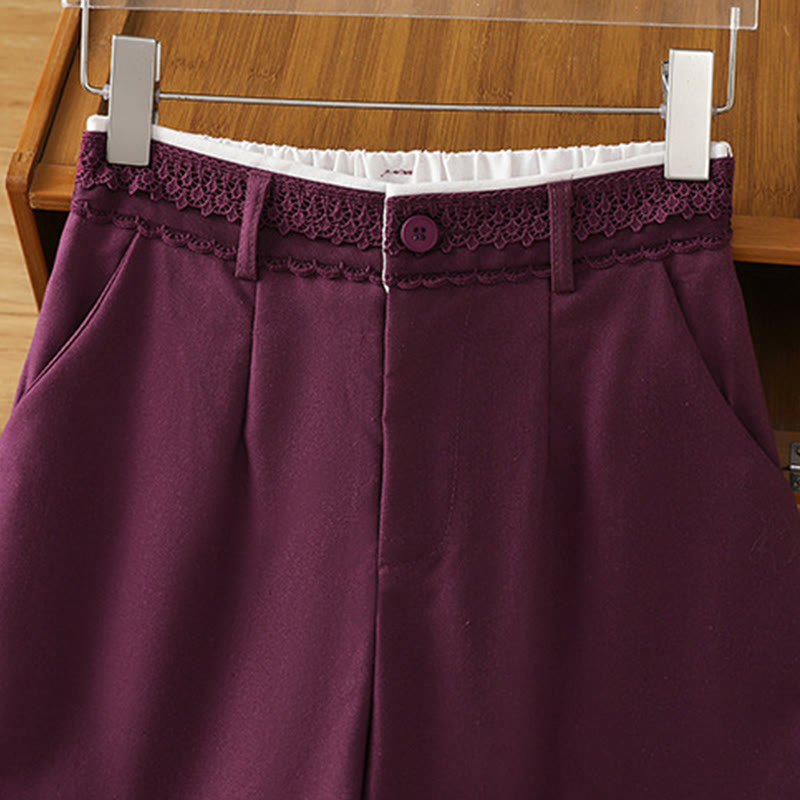 Casual Hollow Lace Waistband Design Women's Cotton Linen Wide Leg Pants With Pockets