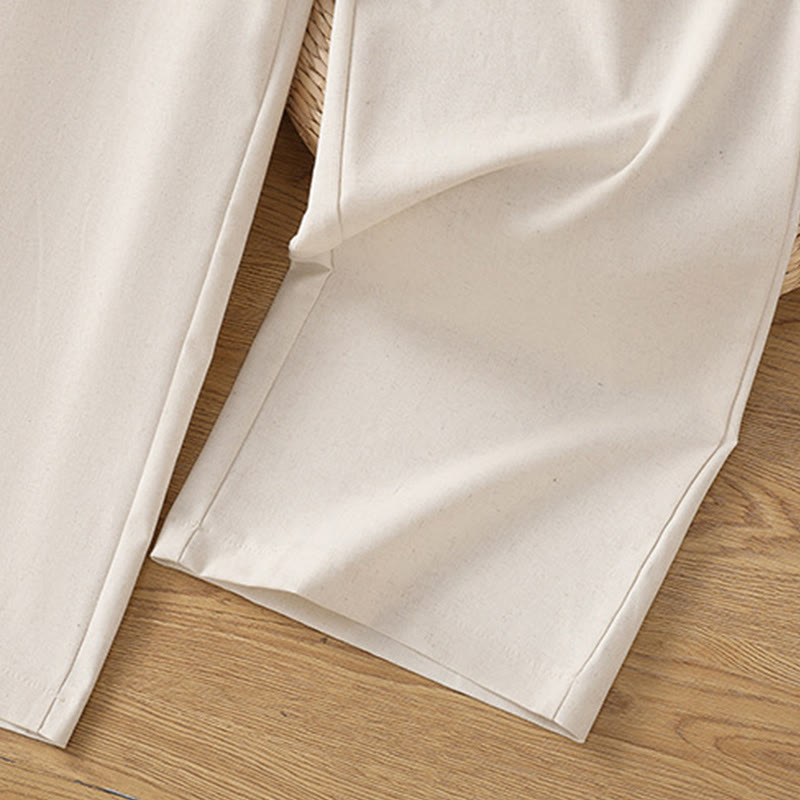 Casual Hollow Lace Waistband Design Women's Cotton Linen Wide Leg Pants With Pockets