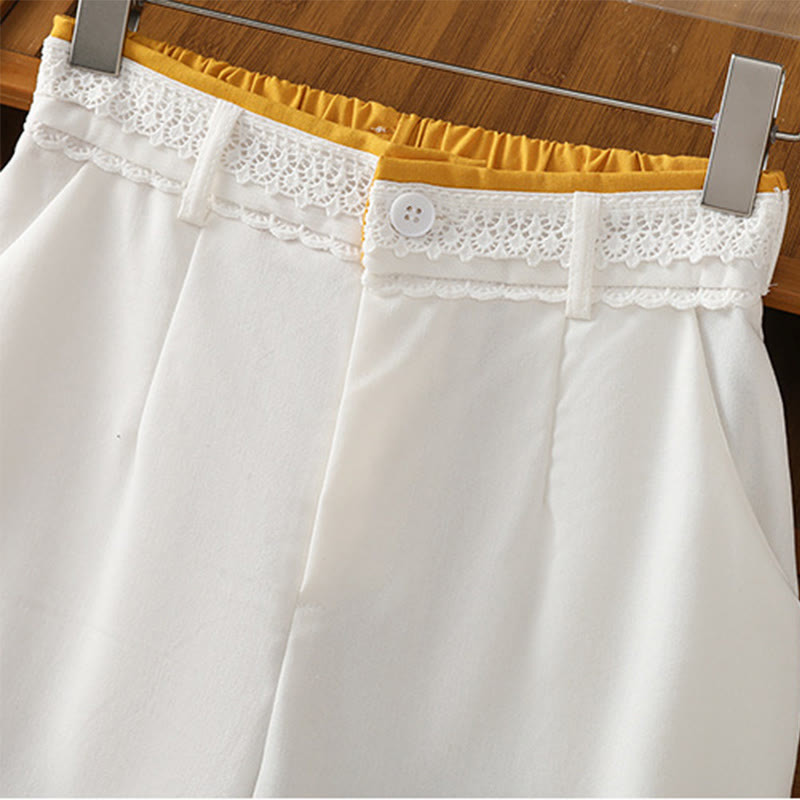 Casual Hollow Lace Waistband Design Women's Cotton Linen Wide Leg Pants With Pockets