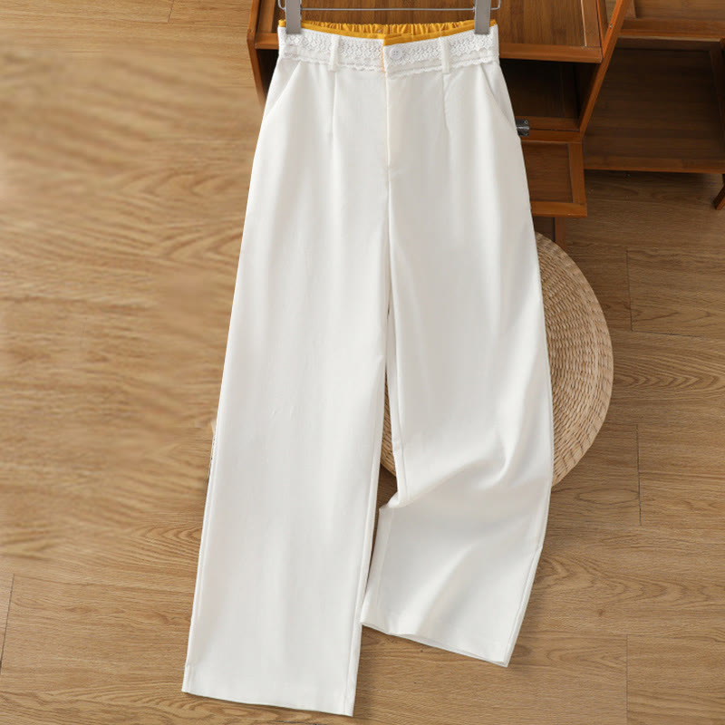 Casual Hollow Lace Waistband Design Women's Cotton Linen Wide Leg Pants With Pockets