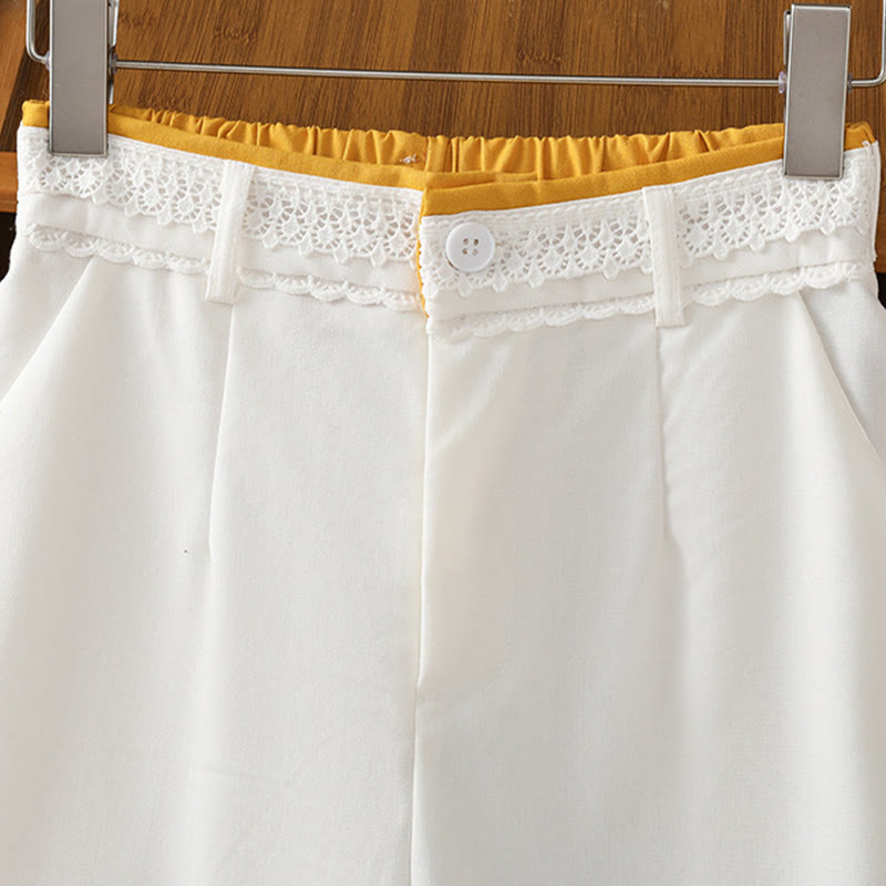 Casual Hollow Lace Waistband Design Women's Cotton Linen Wide Leg Pants With Pockets