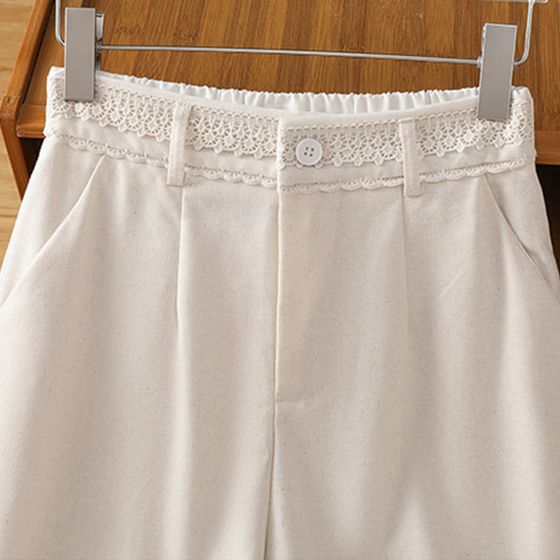 Casual Hollow Lace Waistband Design Women's Cotton Linen Wide Leg Pants With Pockets