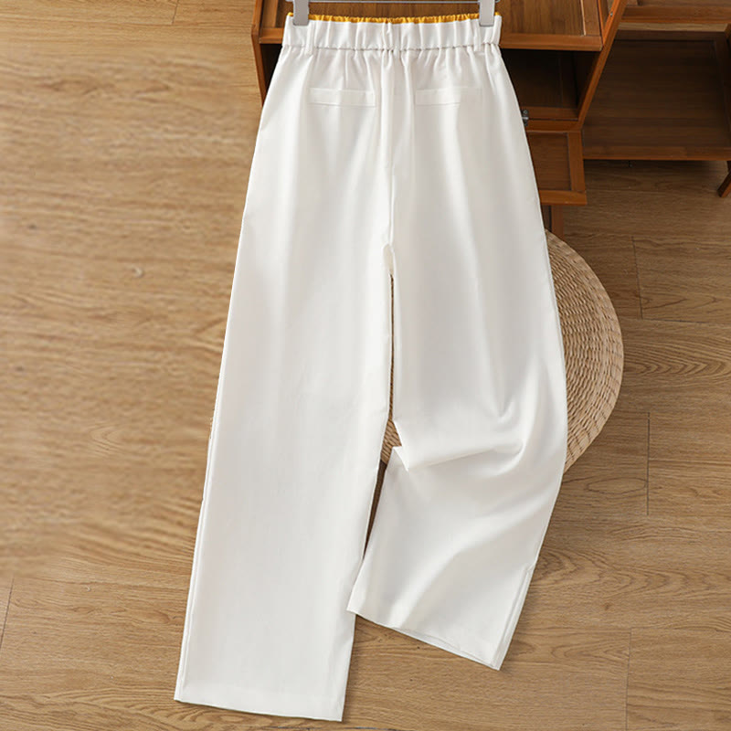 Casual Hollow Lace Waistband Design Women's Cotton Linen Wide Leg Pants With Pockets