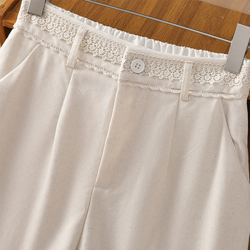 Casual Hollow Lace Waistband Design Women's Cotton Linen Wide Leg Pants With Pockets