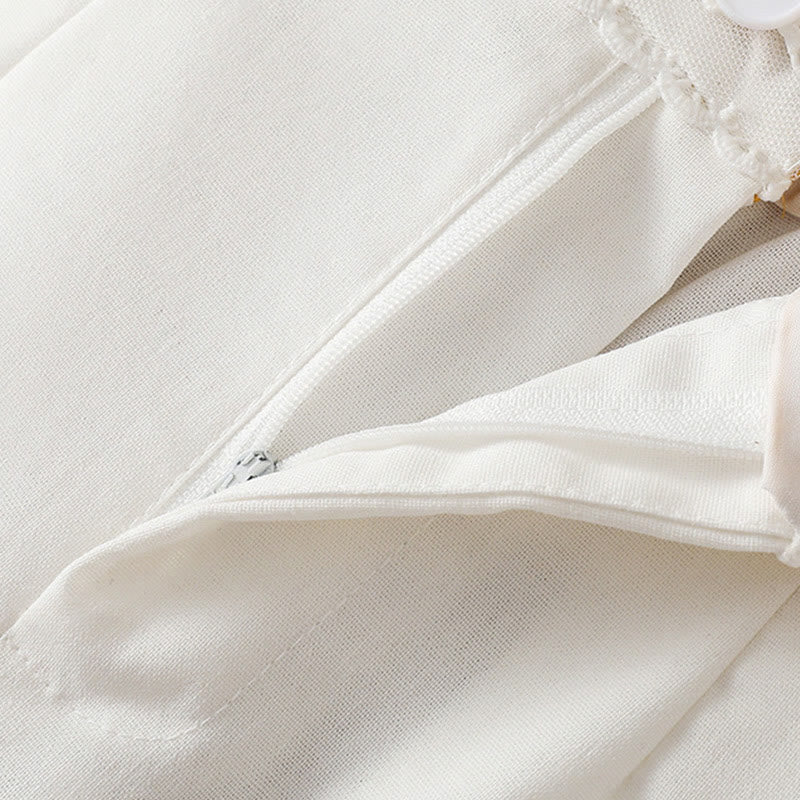 Casual Hollow Lace Waistband Design Women's Cotton Linen Wide Leg Pants With Pockets