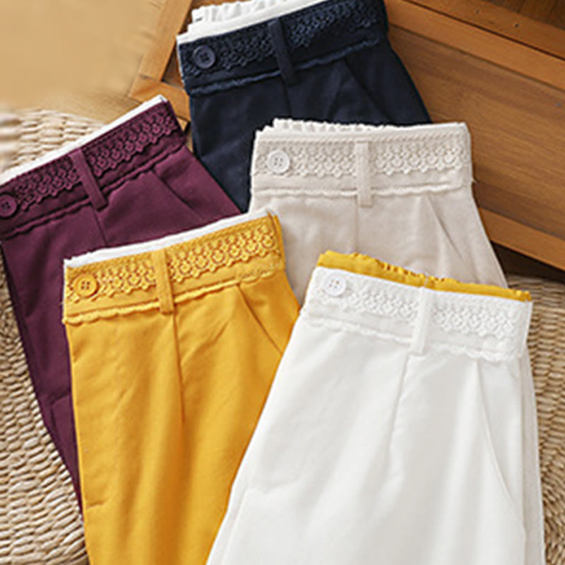 Casual Hollow Lace Waistband Design Women's Cotton Linen Wide Leg Pants With Pockets