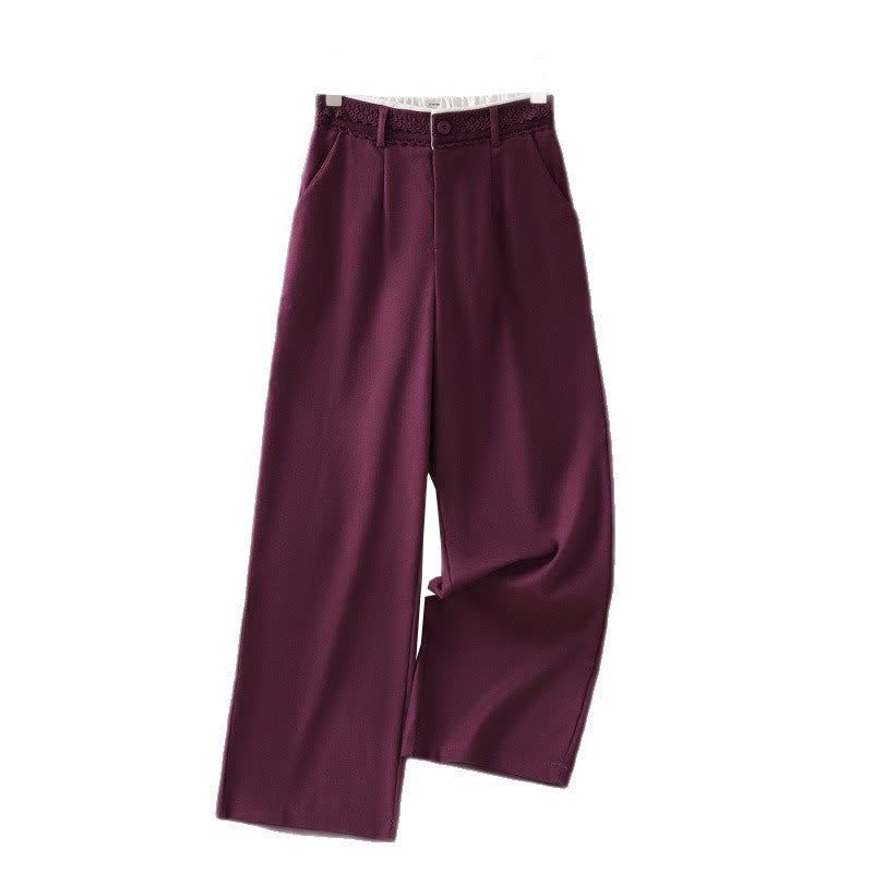 Casual Hollow Lace Waistband Design Women's Cotton Linen Wide Leg Pants With Pockets